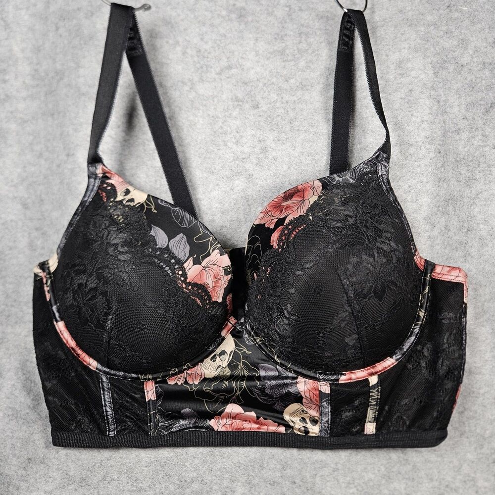 Torrid Curve XO Plunge Push Up Bra Dark Romantic Goth Skull Support Sz 42DD